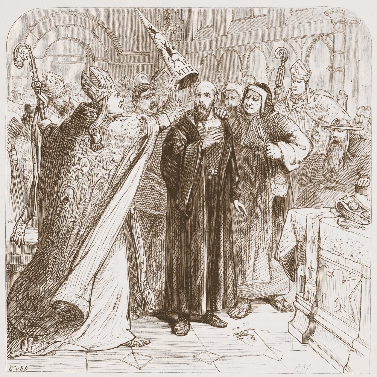 Proces van Hus: Degradatie van de martelaar, illustratie uit The History of Protestantism door James Aitken Wylie (1808-1890), gepubliceerd 1878 door English School