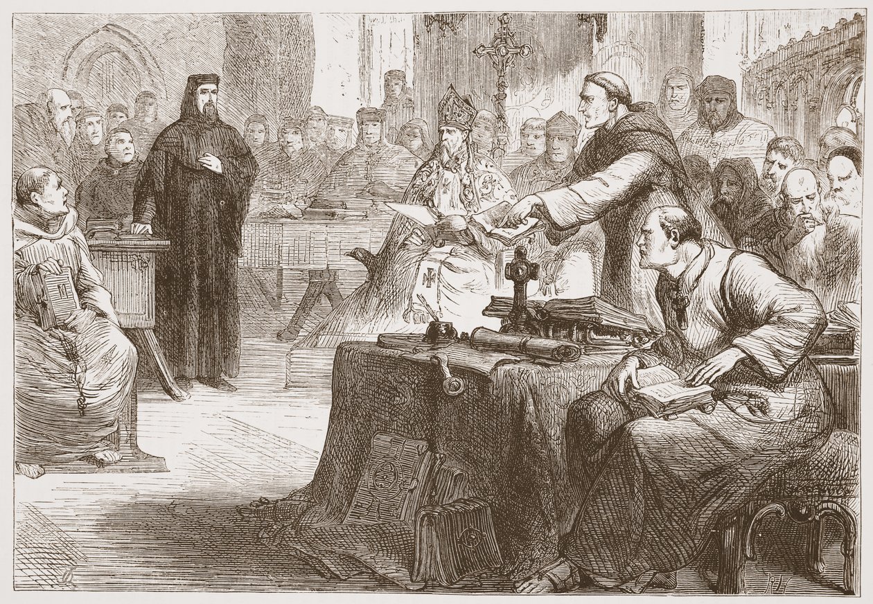 Proces van Wicliffe, illustratie uit The History of Protestantism door James Aitken Wylie (1808-1890), gepubliceerd 1878 door English School