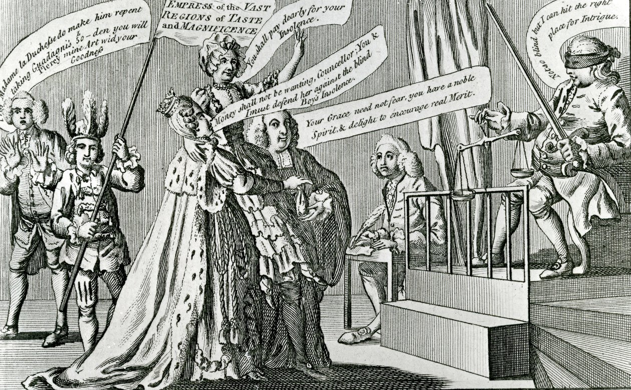 Het proces van de soevereine keizerin van de uitgestrekte gebieden van smaak, 1771 door English School