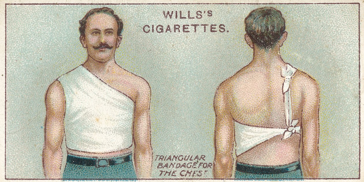 Driehoekige verband voor de borst, nr. 37 uit de Eerste Hulp-serie van Willss Cigarettes kaarten door English School