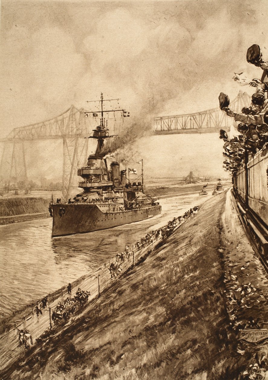 Triomfantelijk bewijs van de Britse maritieme suprematie: H.M.S Hercules passeert door het Kielkanaal, 1914-19 door English School