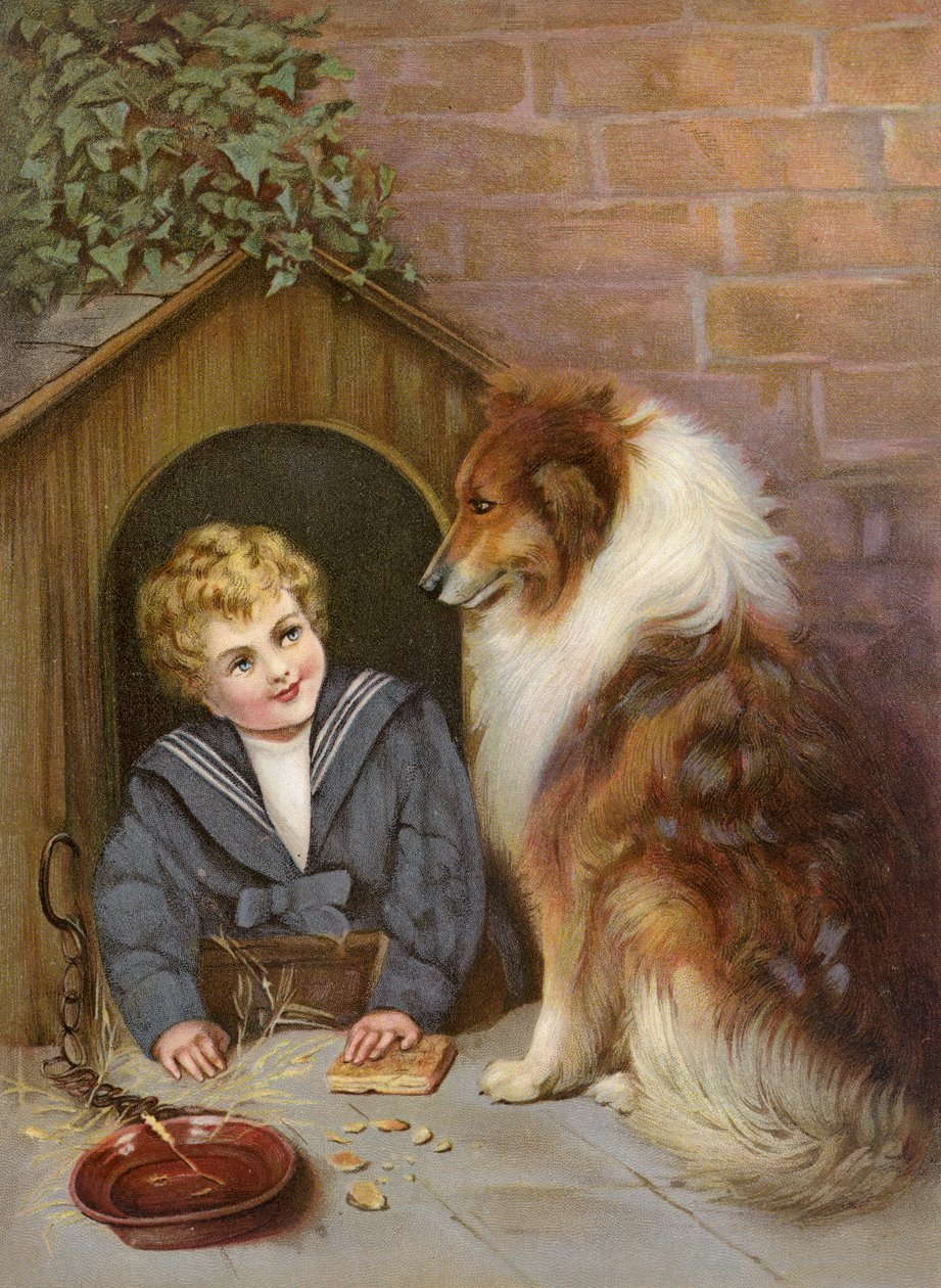 Turned Out - Jongen doet zich voor als Colliehond (kleurenlitho) door English School