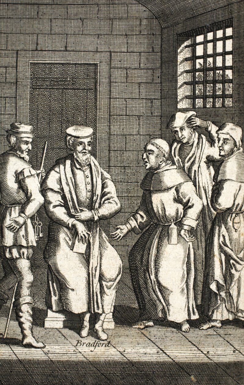 Twee Spaanse monniken praten met meneer Bradford, illustratie uit Foxes Martelaren ca. 1703 door English School