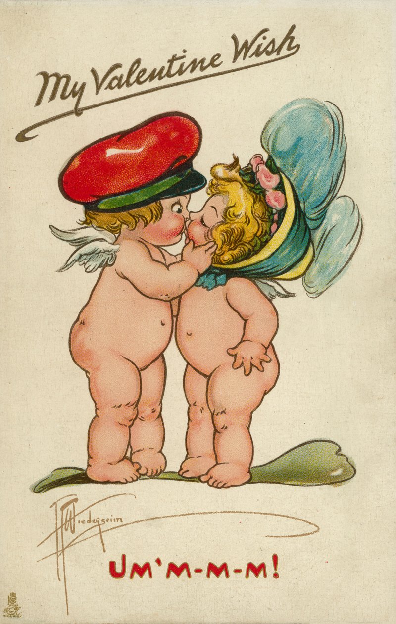 Twee kussende cherubijntjes (kleurenlitho) door English School