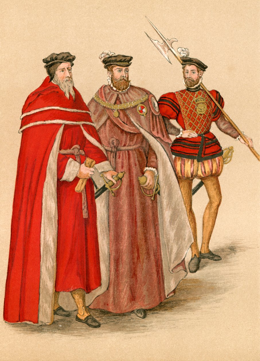 Twee edelen in hun gewaden en een hellebaard (kleurenlitho) door English School