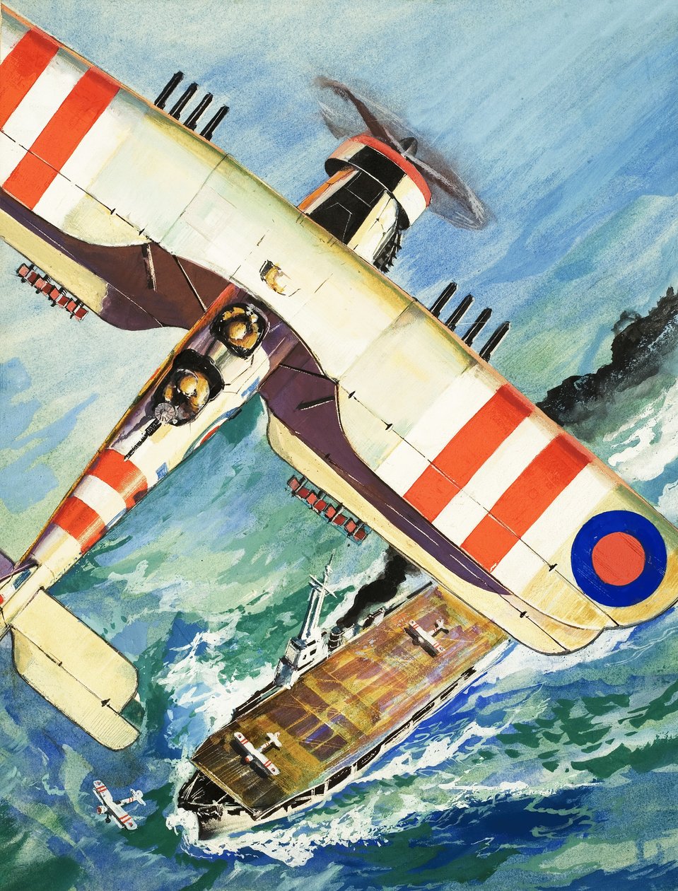 Ongeïdentificeerd tweedekkervliegtuig vliegend over een vliegdekschip door English School