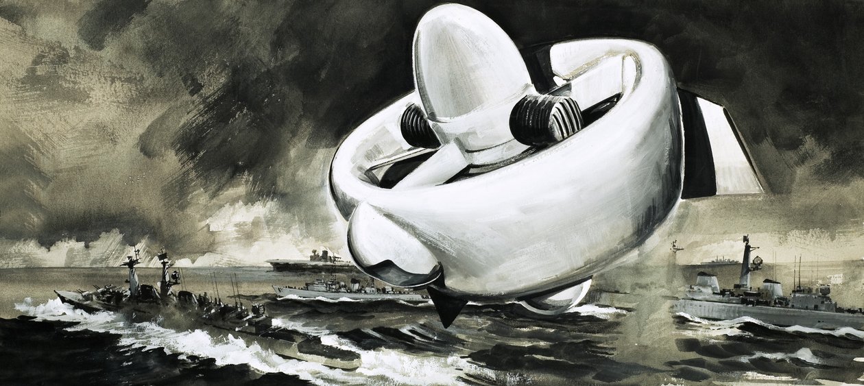 Ongeïdentificeerd vliegend toestel stijgt op boven schepen op zee (WW2-tijdperk) door English School