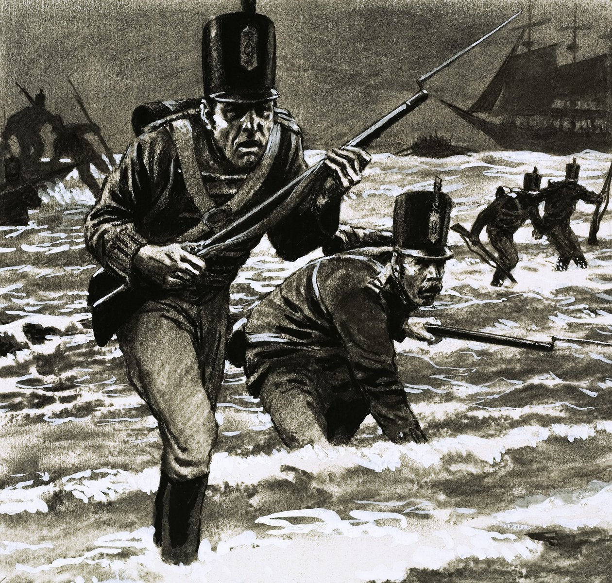 Ongeïdentificeerde soldaten landen op het strand door English School