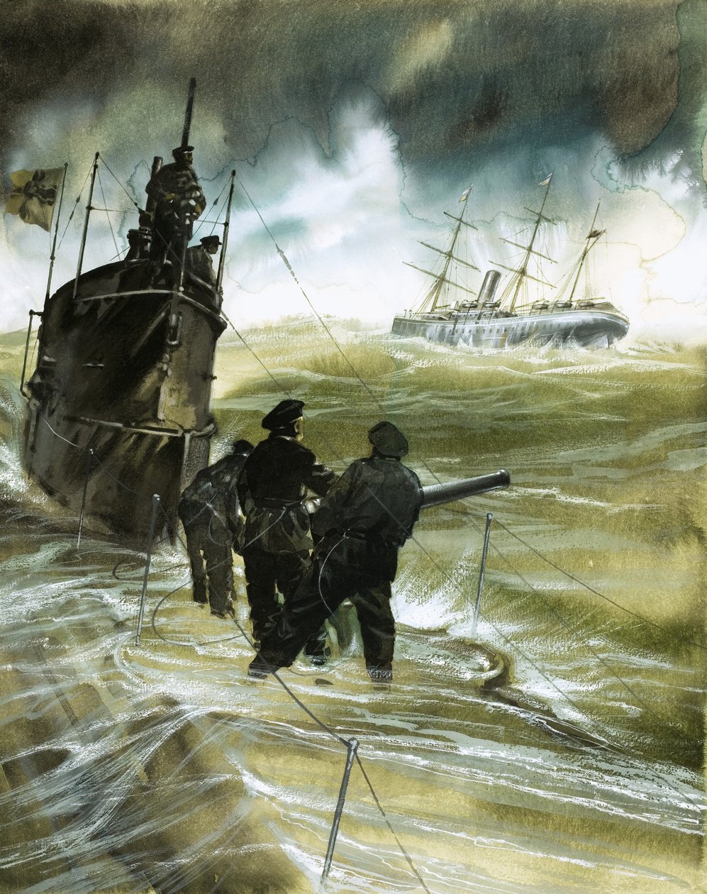 Ongeïdentificeerde soldaten op het dek van een onderzeeër met boot aan de horizon door English School