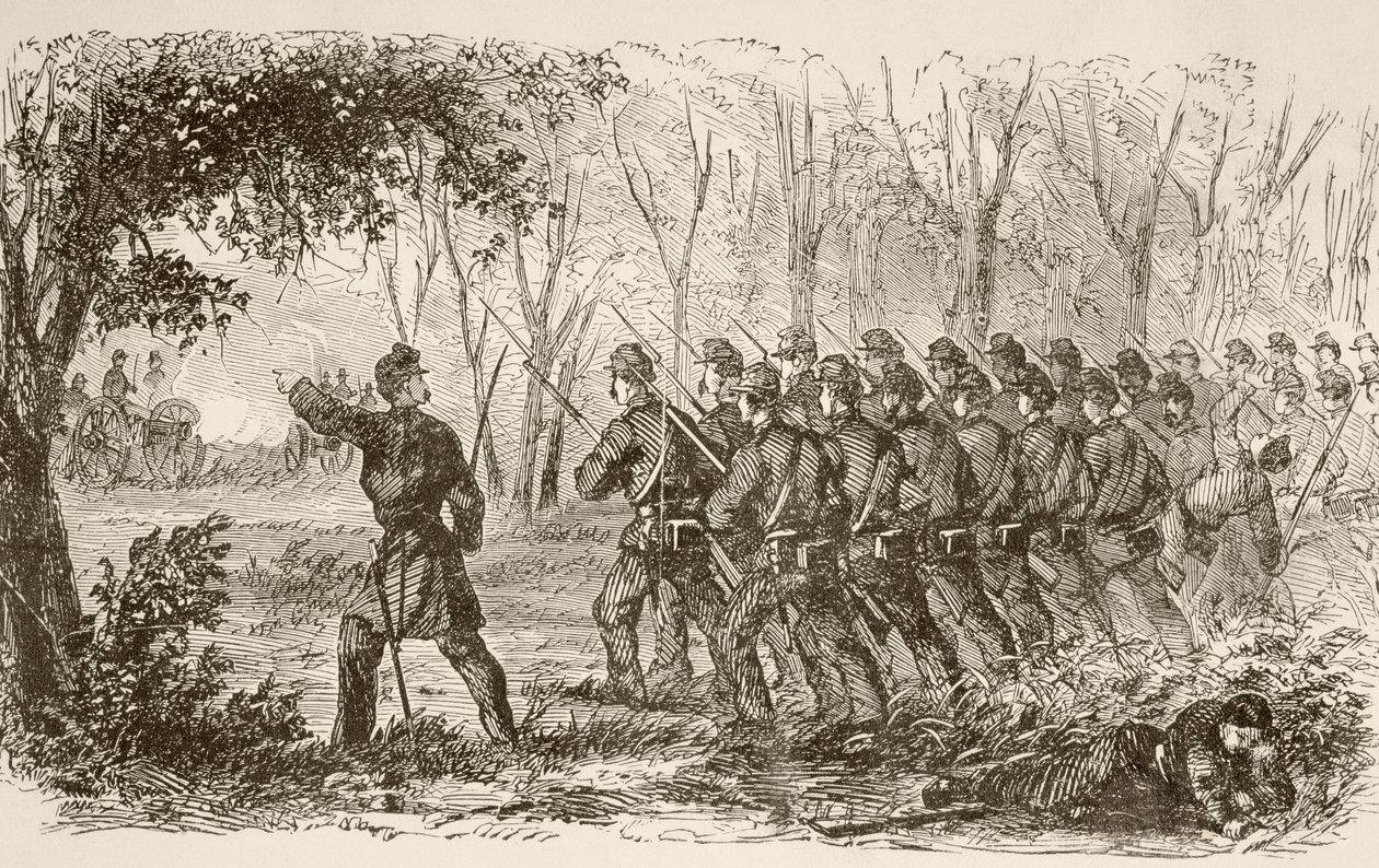 Uniesoldaten op het plateau bij de eerste Slag bij Bull Run door English School