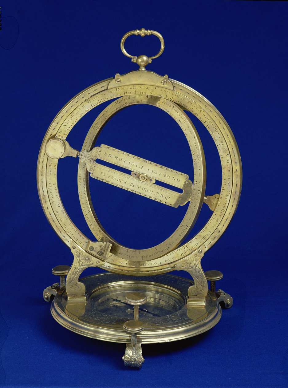 Universele Equinoctiale Staande Ring Zonnewijzer, waarschijnlijk gemaakt door Thomas Heath, c.1730 (messing) door English School