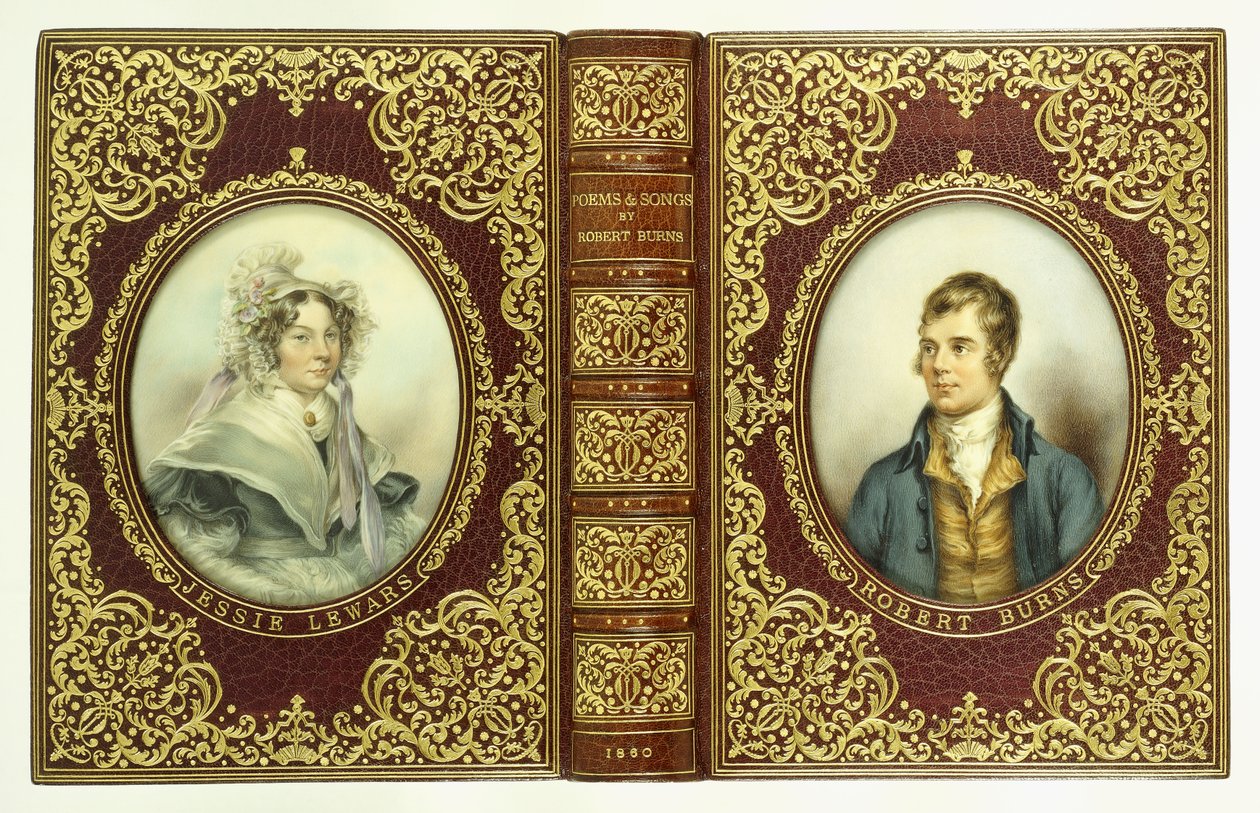 Boven- en Onderomslagen, en Rug, met Ovale Portretten van Robert Burns en Jessie Lewars door English School