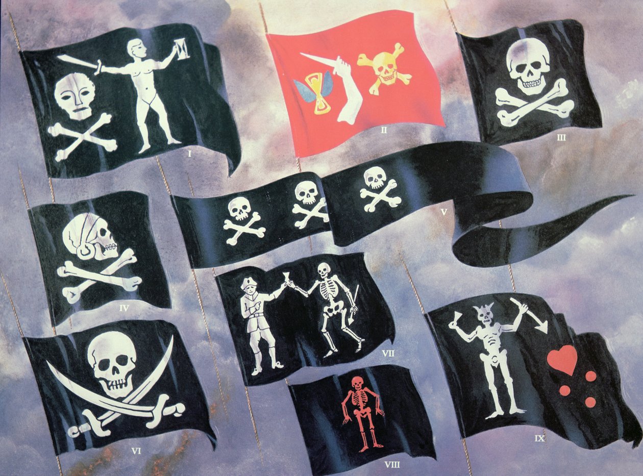 Verschillende vlaggen gebruikt door beroemde piraten door English School