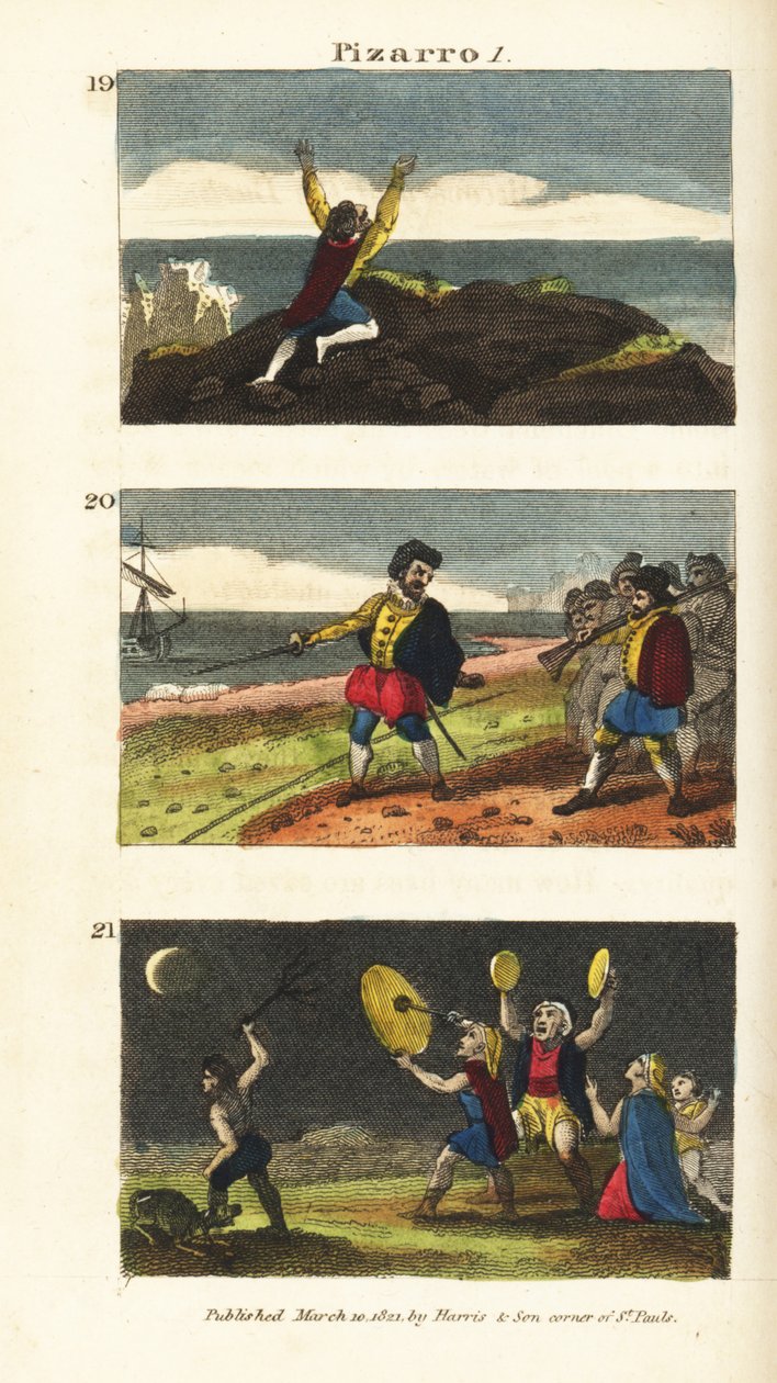 Vasco Nunez de Balboa bereikt de Stille Oceaan, Francisco Pizarro scheidt zijn mannen door een lijn in het zand op het eiland Gallo en Peruvianen bang voor een maansverduistering door English School
