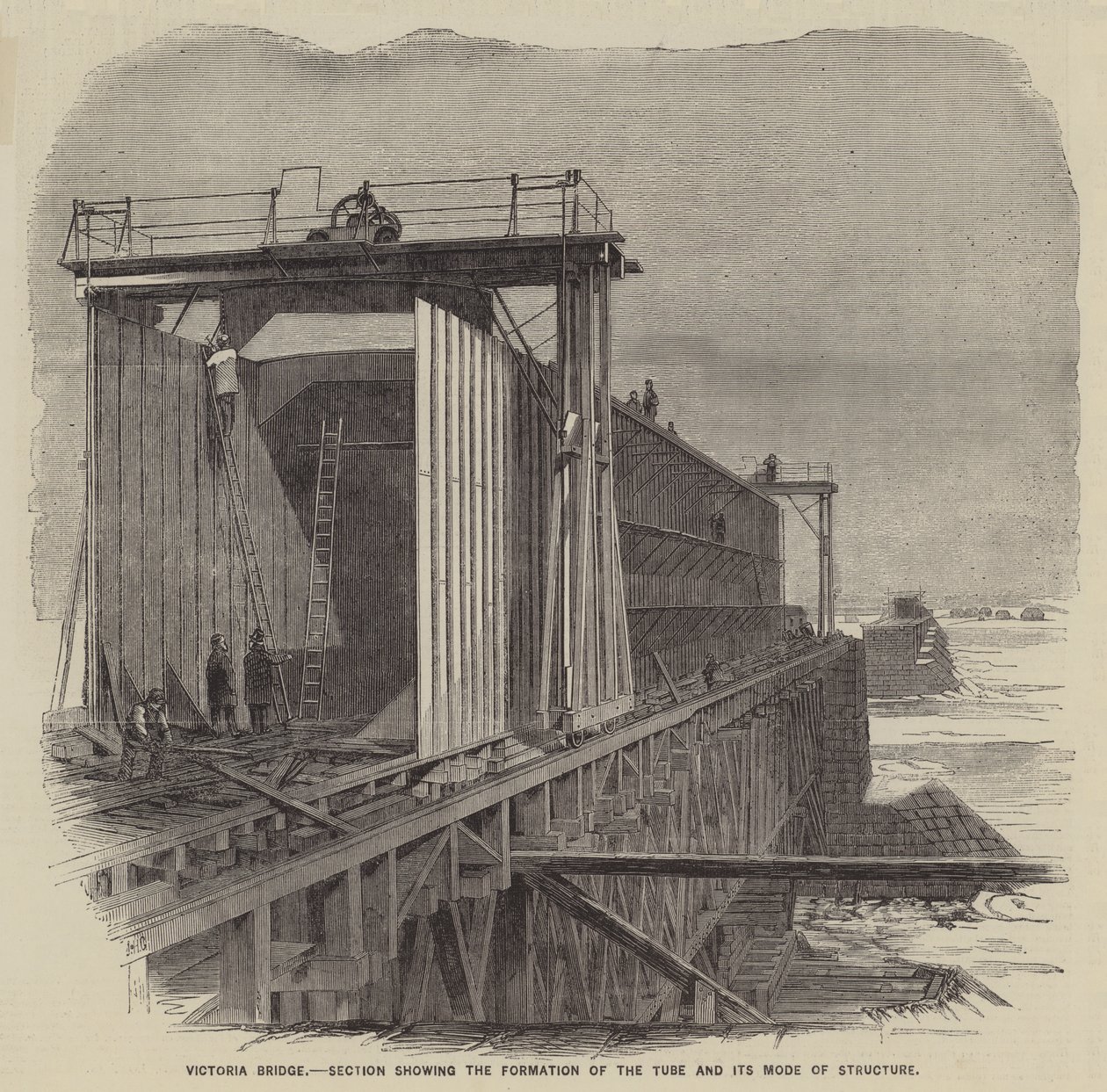 Victoria Bridge, doorsnede van de vorming van de buis en de structuur (gravure) door English School