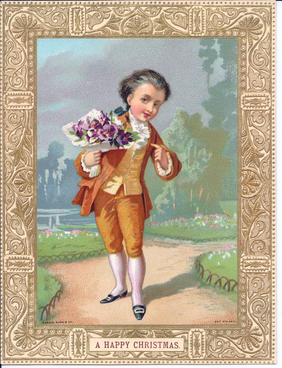 Victoriaanse kerstkaart van een jonge jongen gekleed in Victoriaanse kleding met een boeket bloemen, ca. 1880 door English School