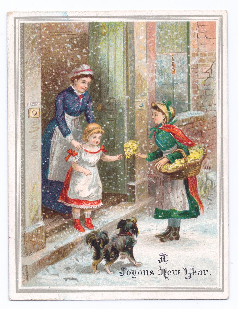 Victoriaanse nieuwjaarskaart van een dienstmeisje dat een klein meisje vasthoudt terwijl ze bloemen koopt van een bloemenverkoper in de vallende sneeuw, ca. 1880 door English School