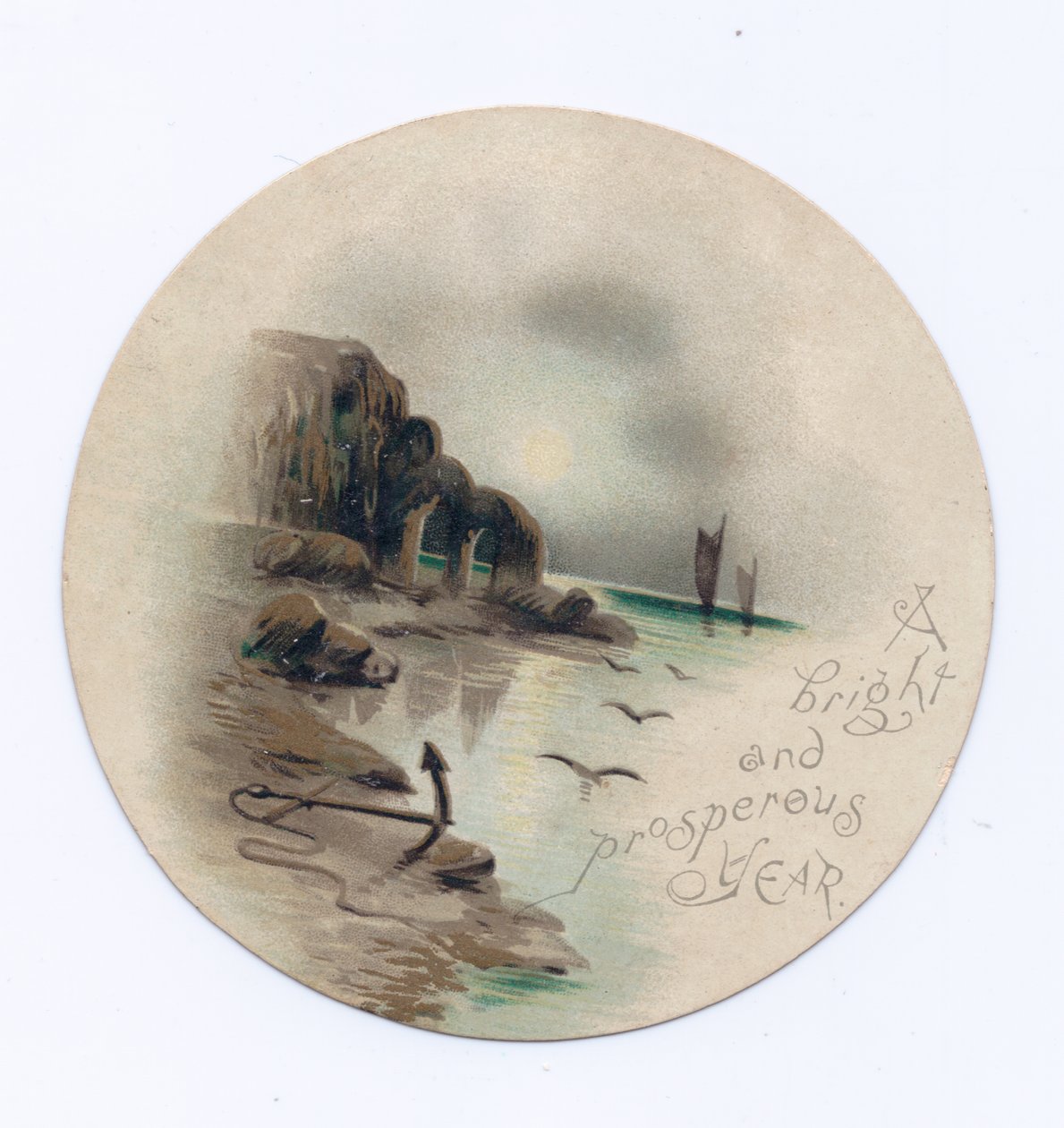 Victoriaanse ronde nieuwjaarskaart van een zeegezicht met twee jachten op een maanverlichte nacht, ca. 1880 door English School