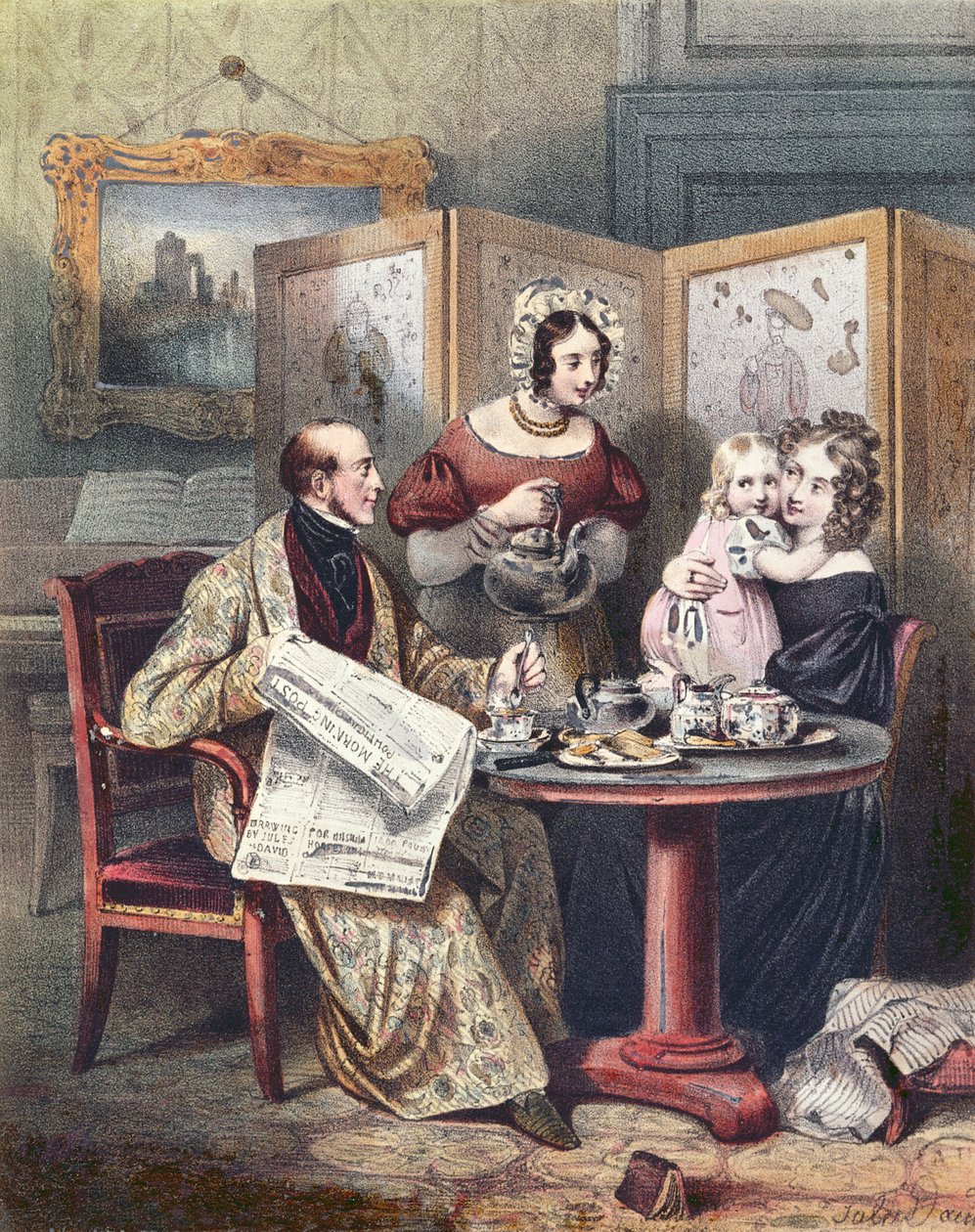 Victoriaanse familie aan het ontbijt, ca. 1840 door English School