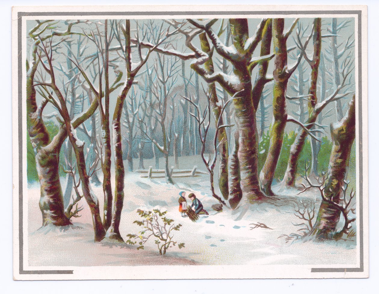 Victoriaanse wenskaart van twee kinderen die takken verzamelen in de sneeuw, ca. 1880 door English School