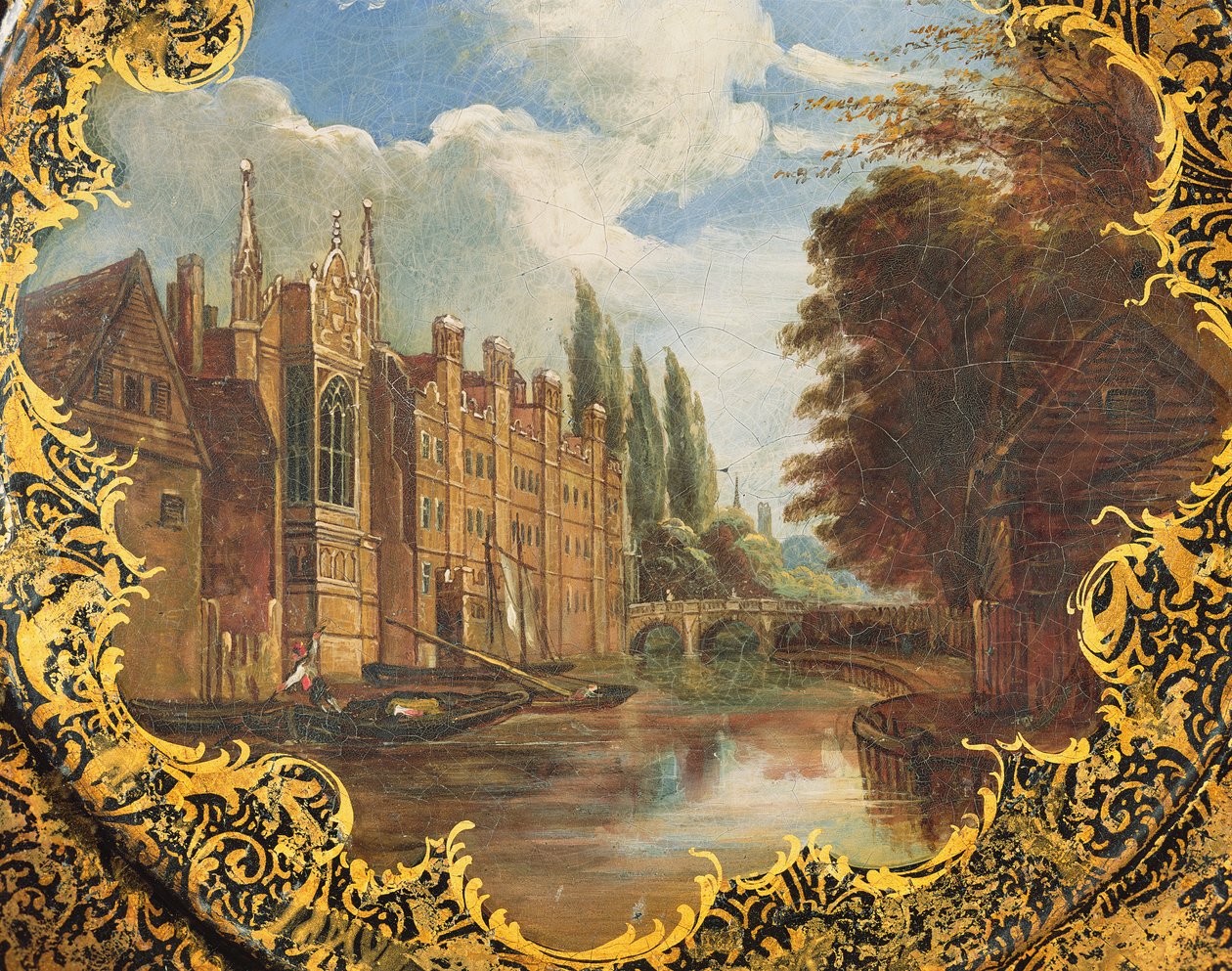 Victoriaans bord versierd met een scène van St. Johns College, Cambridge, Third Court en zijn brug door English School