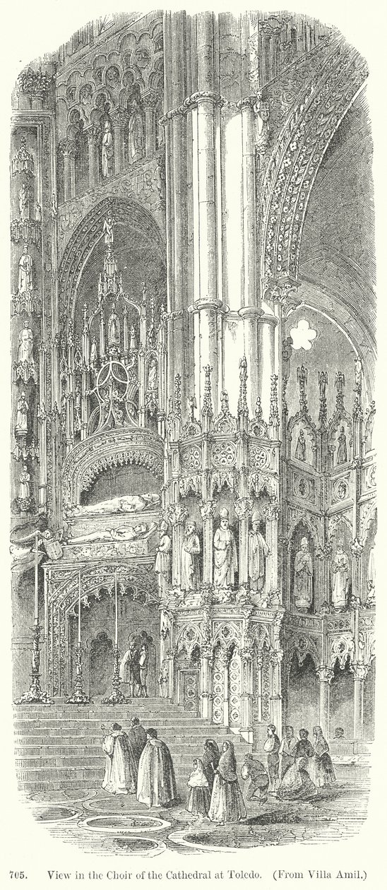 Gezicht in het koor van de kathedraal van Toledo (gravure) door English School