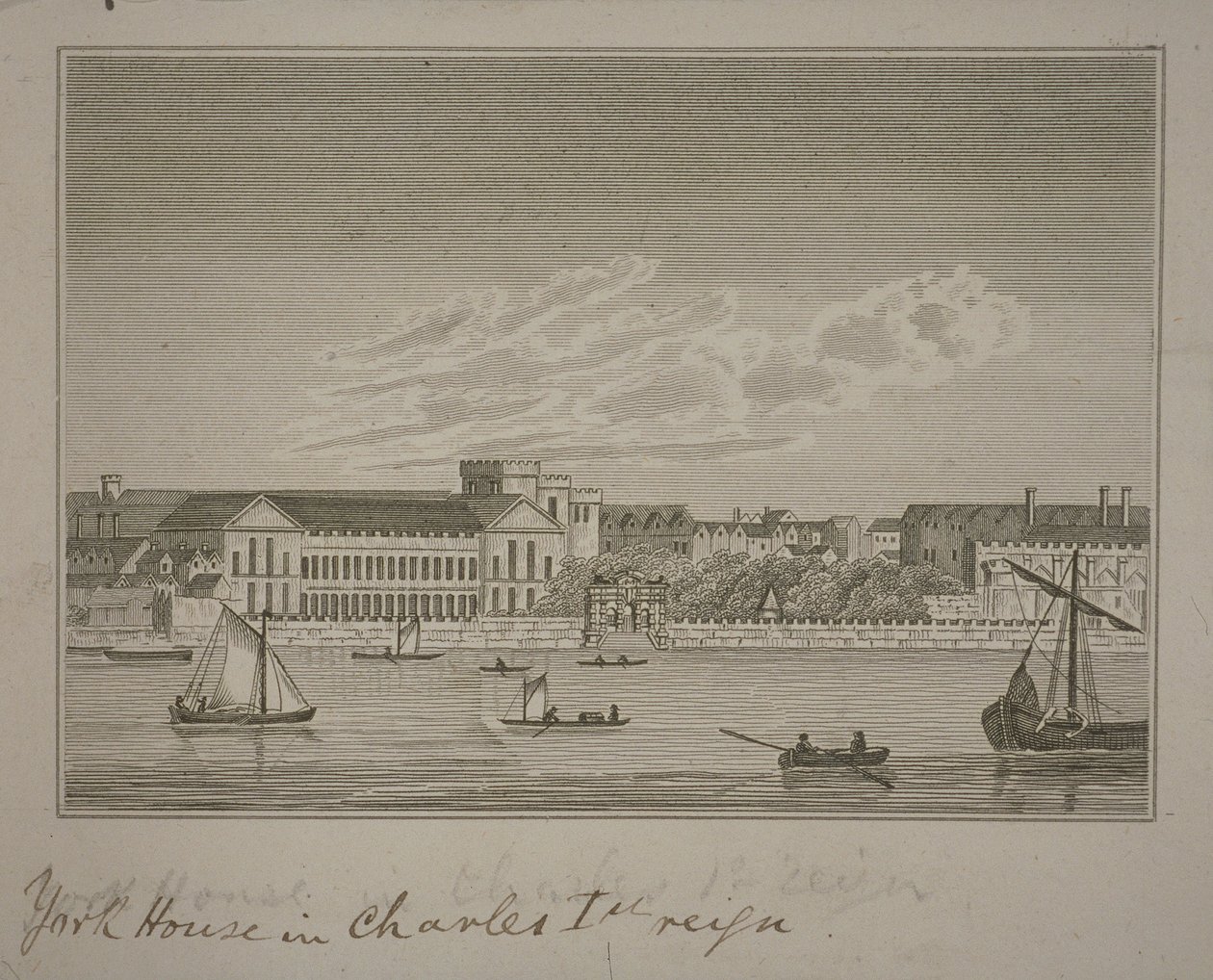 Uitzicht naar het noorden over de rivier de Theems, kijkend naar York House en York Buildings door English School