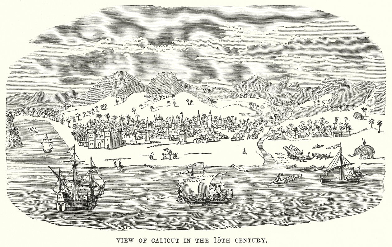 Gezicht op Calicut in de 15e eeuw (gravure) door English School