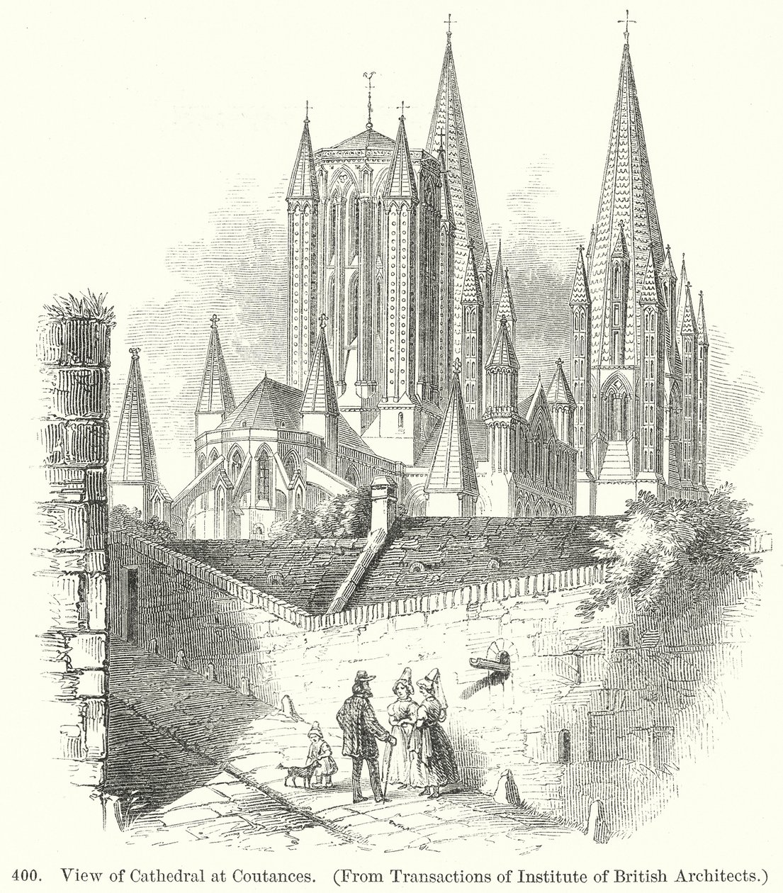 Gezicht op de kathedraal van Coutances (gravure) door English School