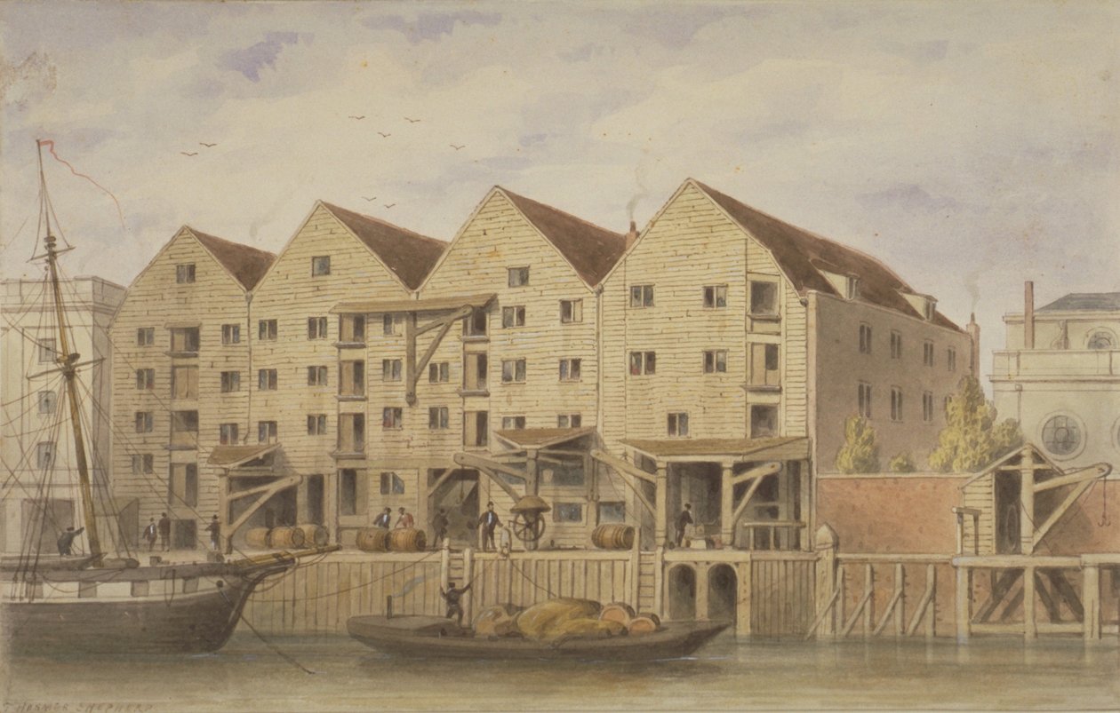 Uitzicht op Chamberlains Wharf, Tooley Street, 1846 door English School