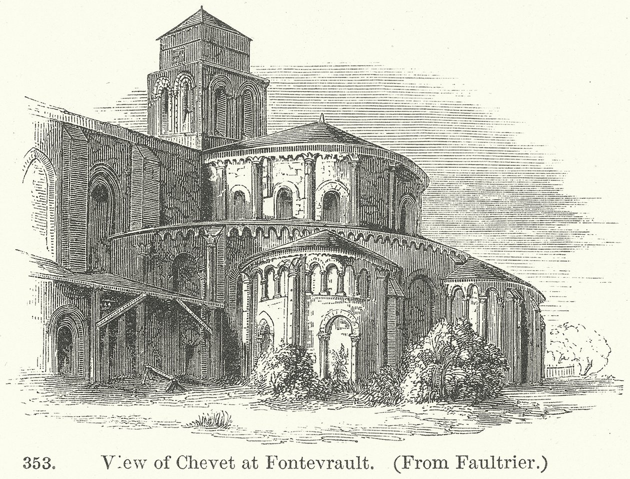 Gezicht op Chevet bij Fontevrault (gravure) door English School