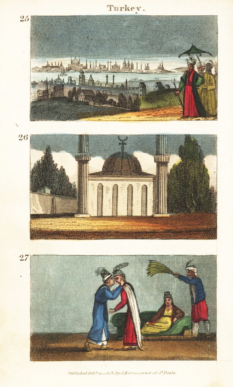 Uitzicht op Constantinopel (Istanbul) in het begin van de 19e eeuw 25, Moslimmoskee met koepel en minaretten 26, en jonge Griekse vrouwen die elkaar op de ogen kussen 27 door English School
