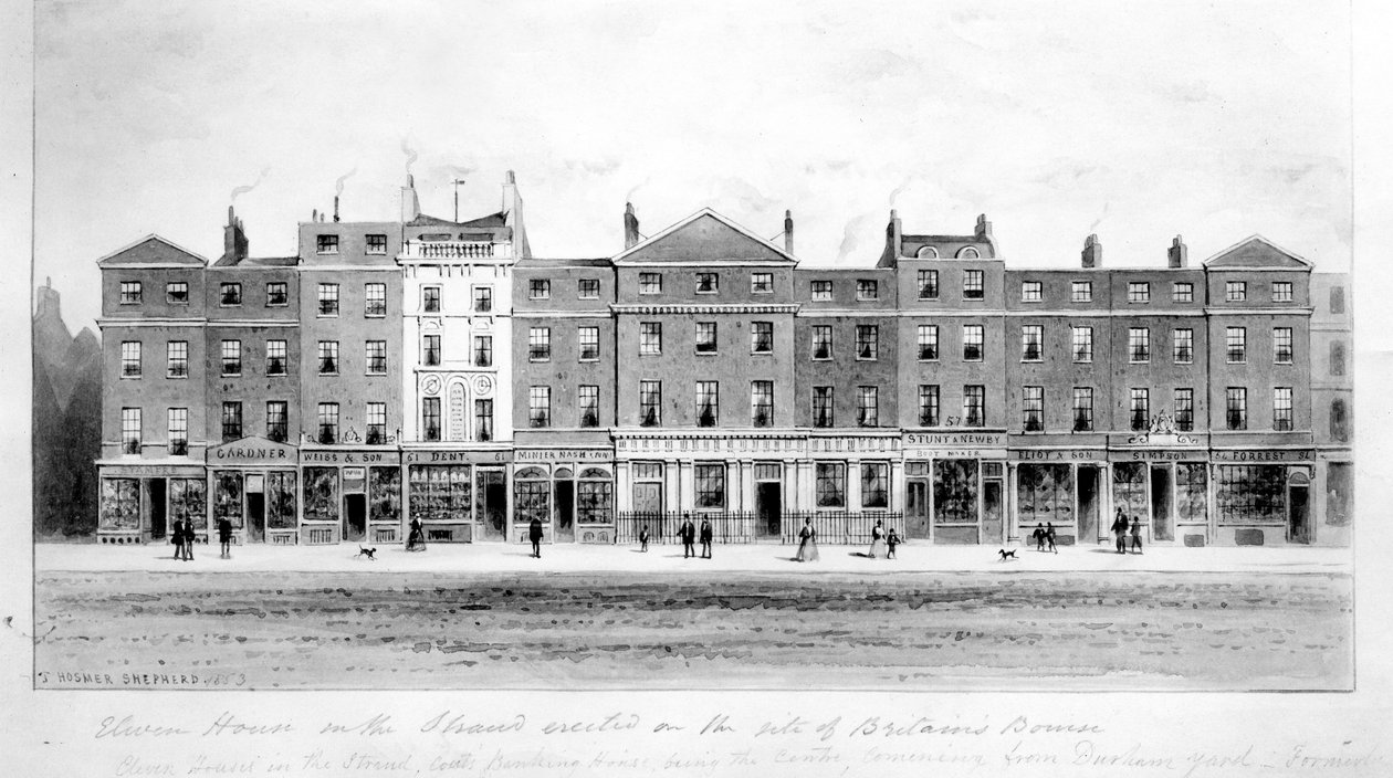 Zicht op Elf Huizen gebouwd op de plaats van de oude Bourse aan de Strand, 1853 door English School