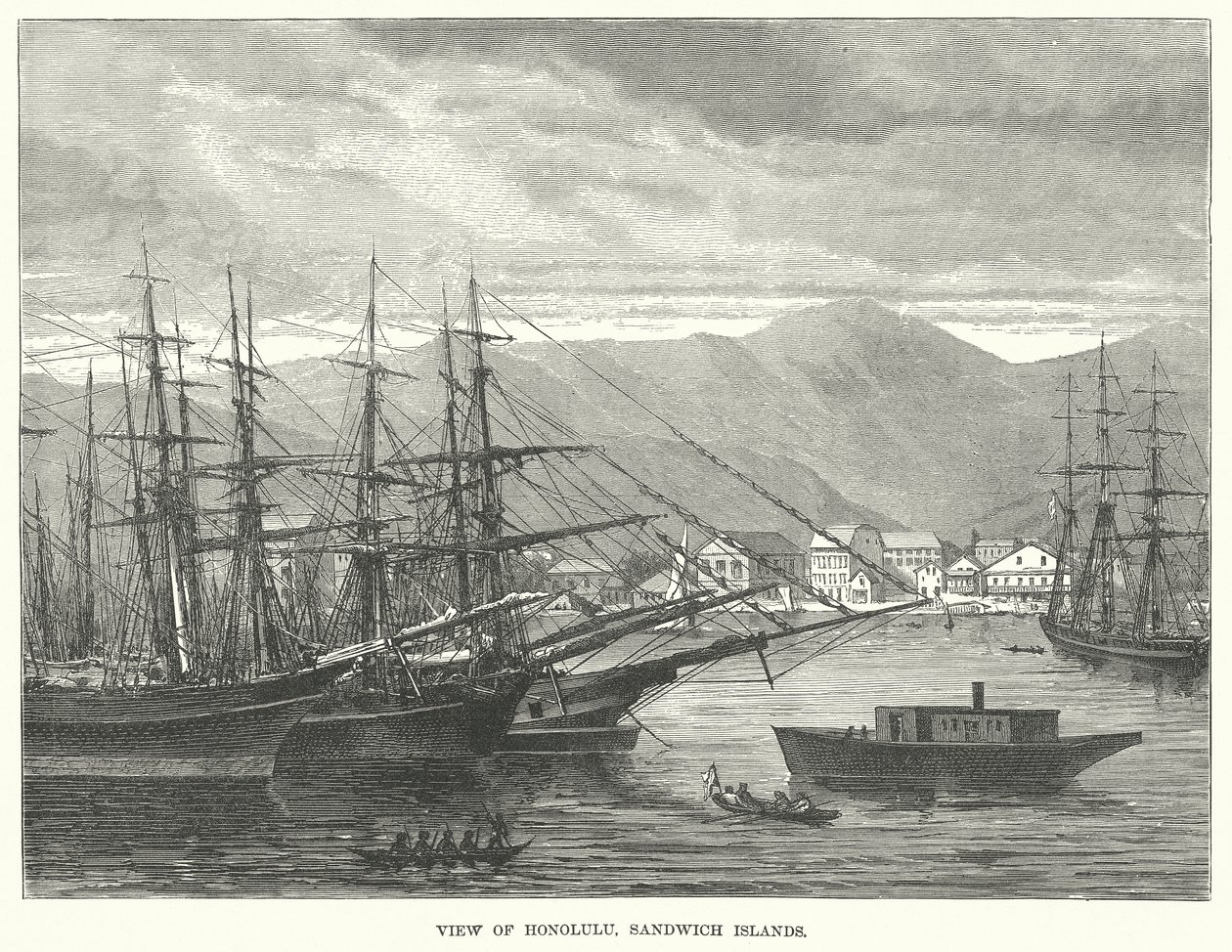Gezicht op Honolulu, Sandwicheilanden (gravure) door English School