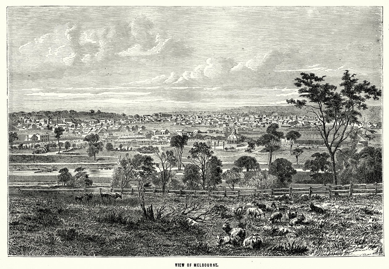 Gezicht op Melbourne (gravure) door English School