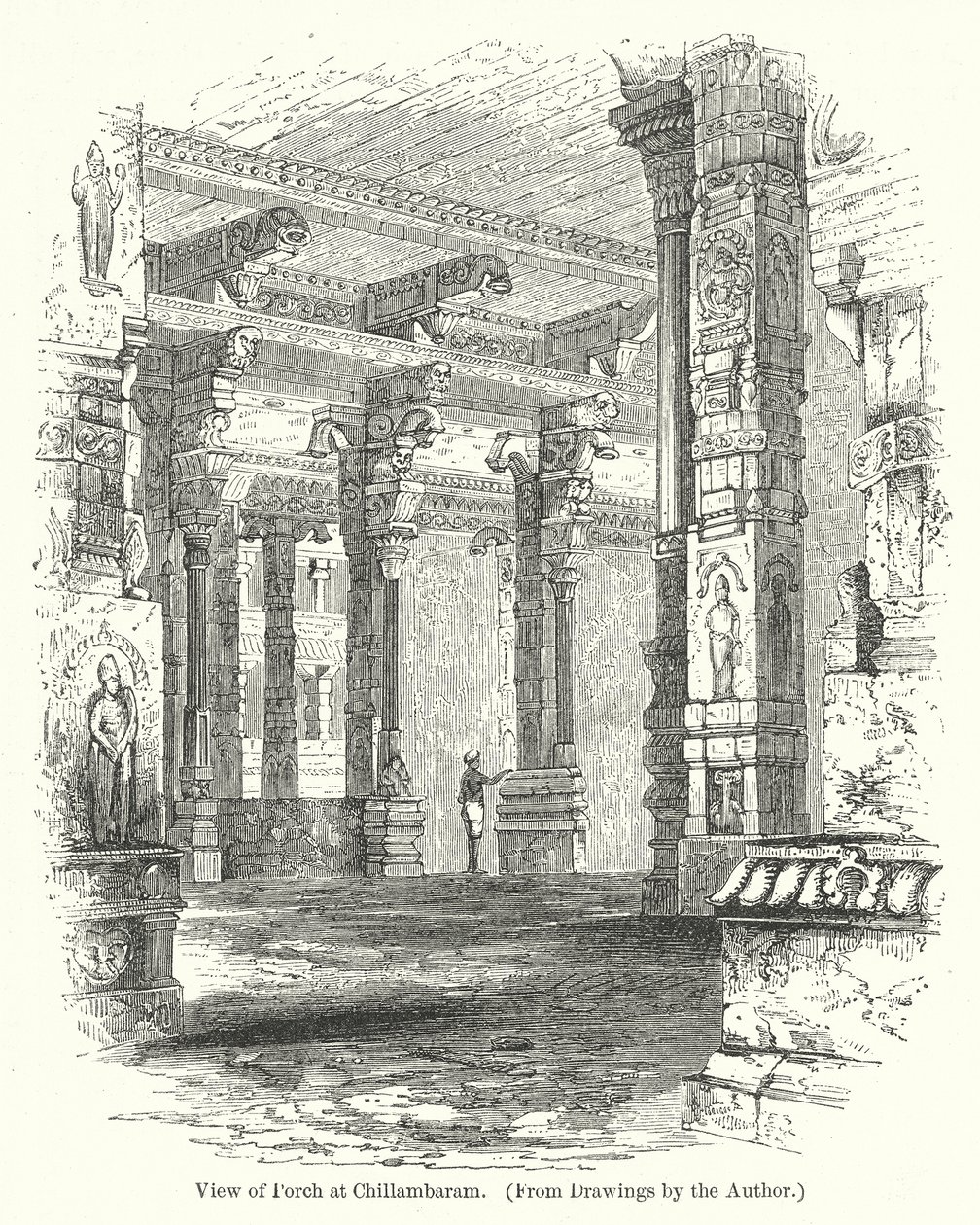 Zicht op portiek in Chillambaram (gravure) door English School