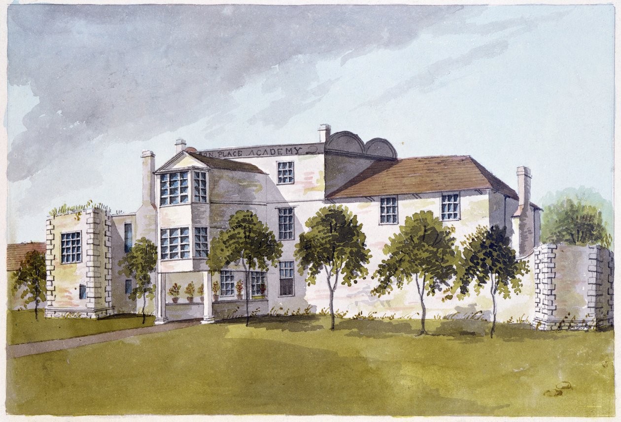 Uitzicht op het huis van Sir Noel de Caron, 1809 door English School