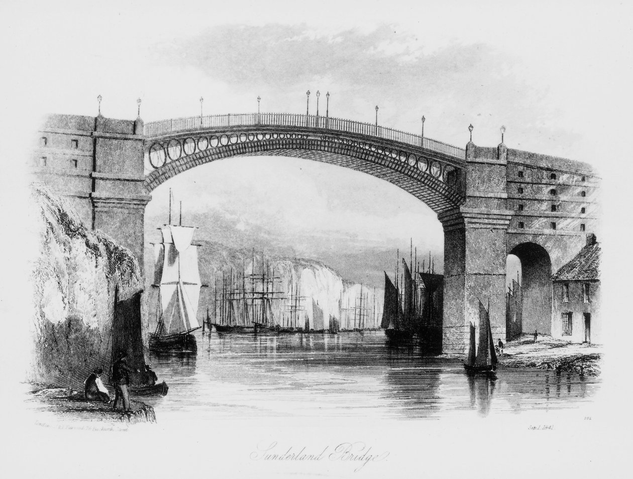 Uitzicht op Sunderland Bridge, 1841 door English School