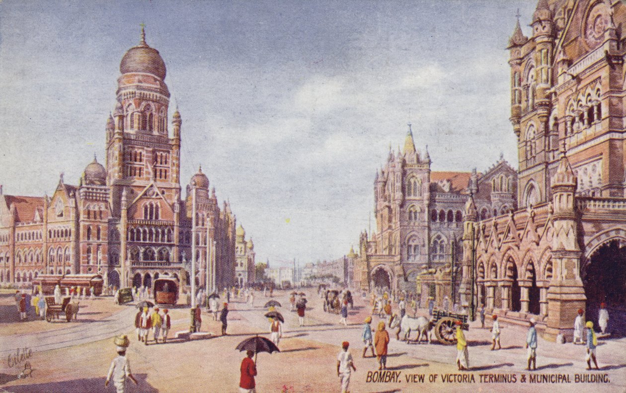 Uitzicht op Victoria Terminus  Gemeentegebouw, Bombay (kleurenlitho) door English School