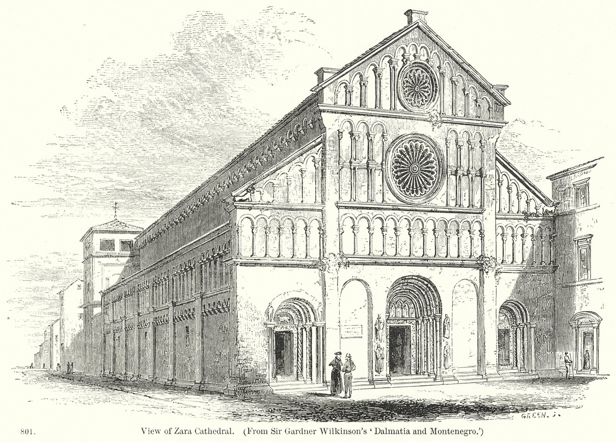 Gezicht op de kathedraal van Zara (gravure) door English School