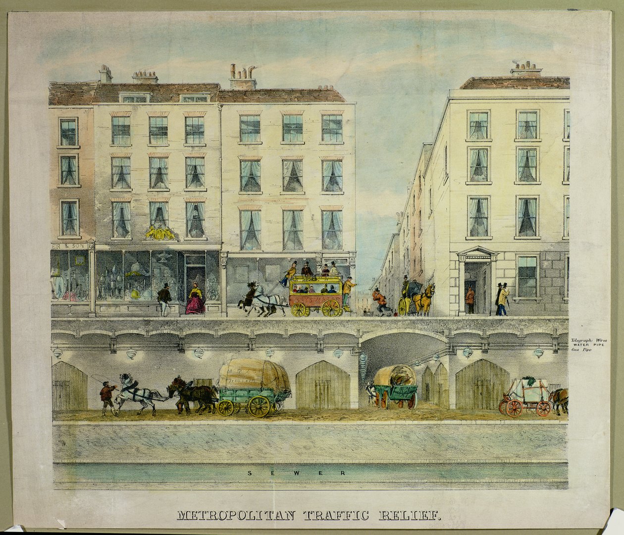 Gezicht op een straat in Londen met een tunnel eronder ter ontlasting van het verkeer, c.11850 (litho) door English School