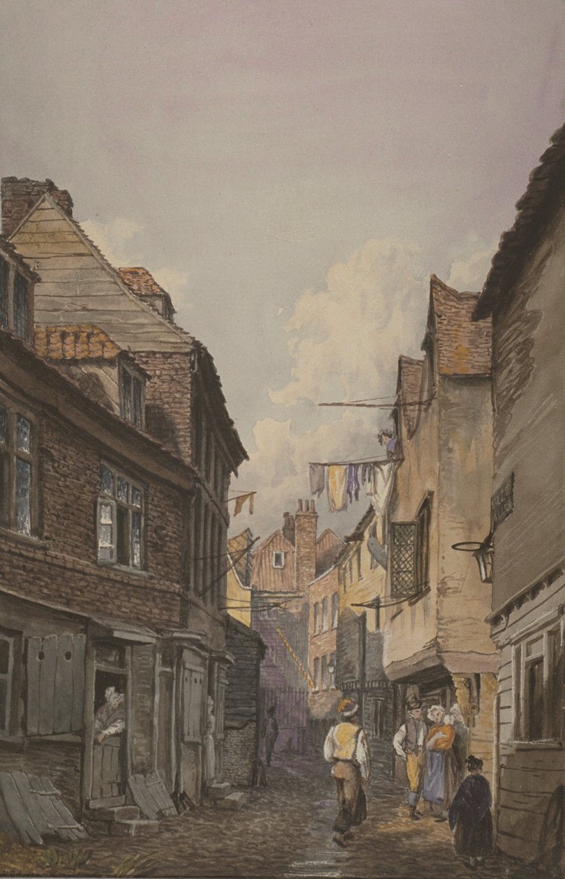 Uitzicht op figuren in Glean Alley, Bermondsey, c.1825 door English School