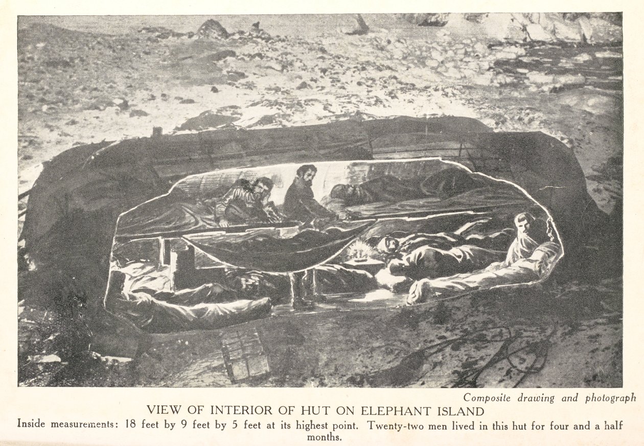 Uitzicht op het interieur van een hut op Elephant Island, uit 