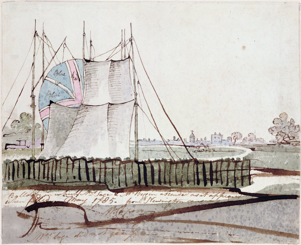 Uitzicht op de ballon in Newington Causeway, mei 1785 door English School