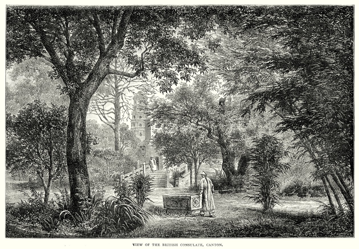 Gezicht op het Britse consulaat, Canton (gravure) door English School