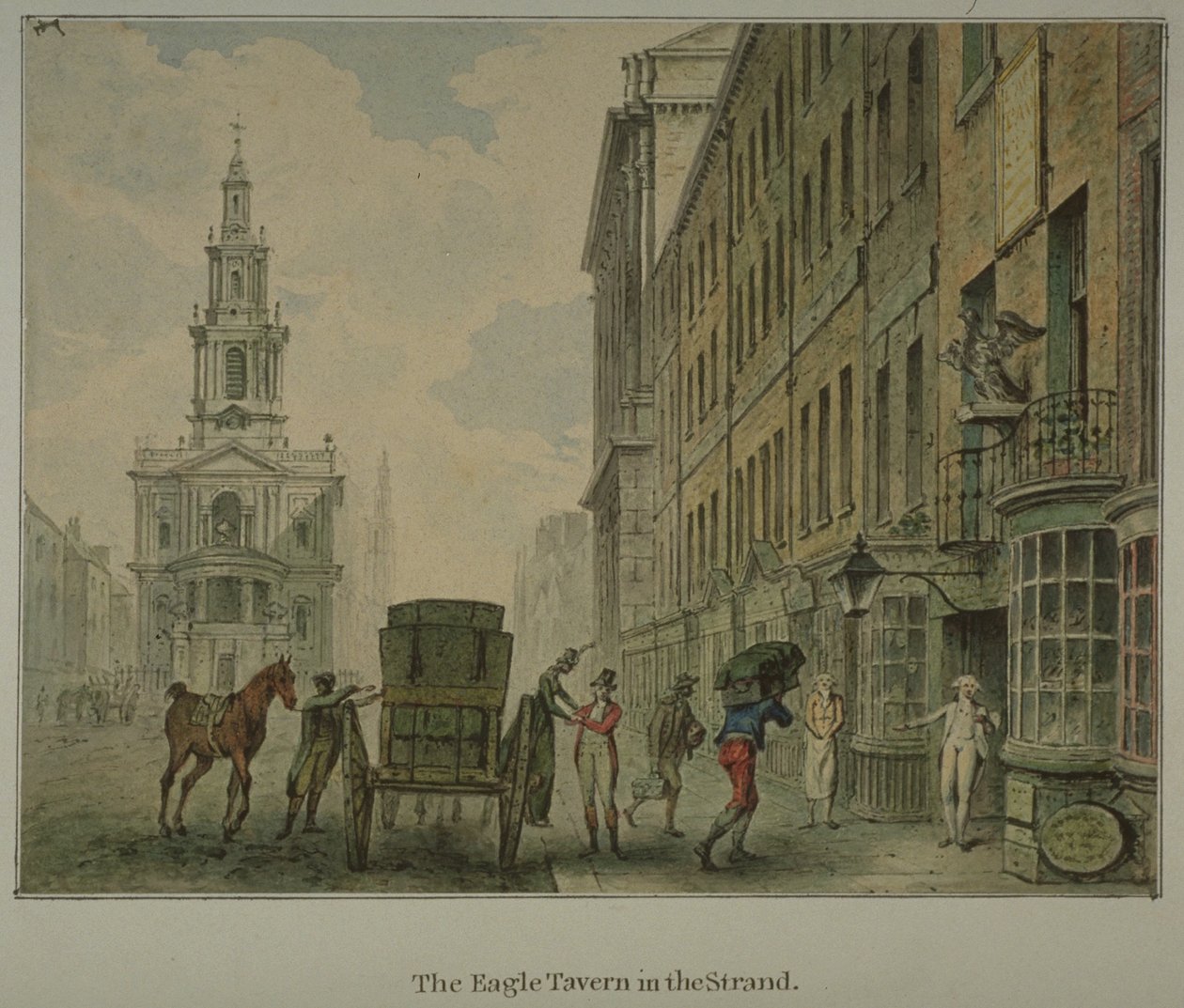 Uitzicht op de Eagle Tavern in de Strand, Westminster, met een man die producten uit een door paarden getrokken kar op de weg lost en St Mary le Strand in de verte, ca. 1800 (aquarel op papier) door English School