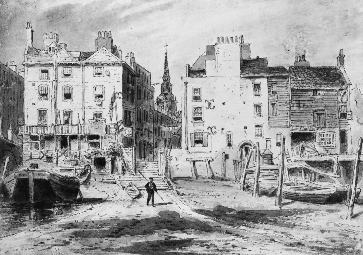 Uitzicht op de oude Hungerford-trappen, ca. 1815 door English School