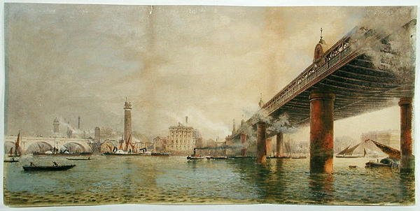 Uitzicht op de zuidelijke oever van de Theems tussen Waterloo en Hungerford Bridges, ca. 1870 door English School