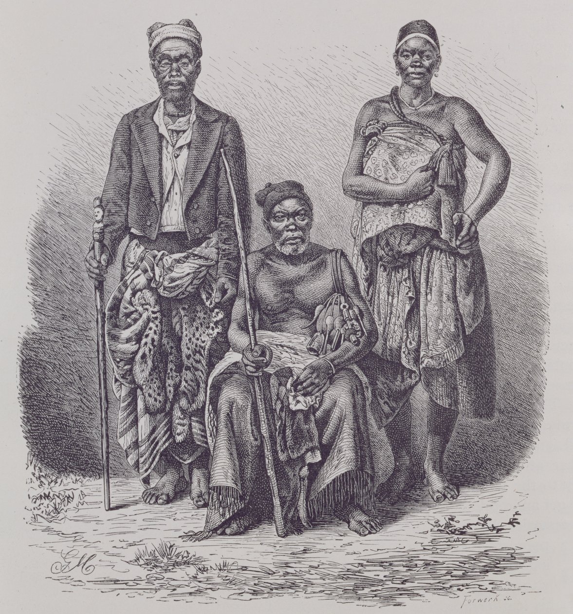 Dorpshoofd van de Loango-kust, met vrouw en dignitaris, gegraveerd van een foto door Dr. Falkenstein, uit 