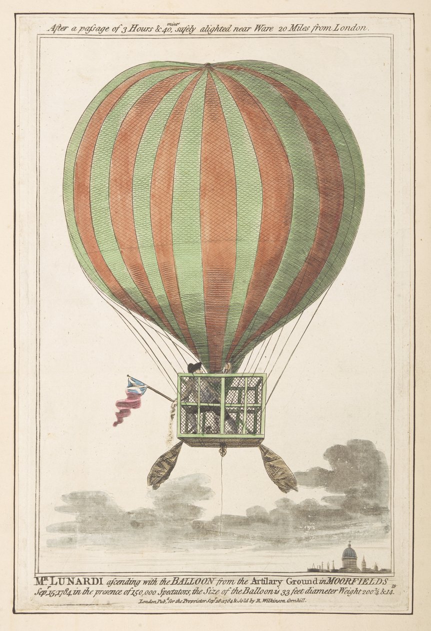 Vincent Lunardi in de lucht na zijn opstijging vanuit Moorfields, september 1784 (gekleurde gravure) door English School